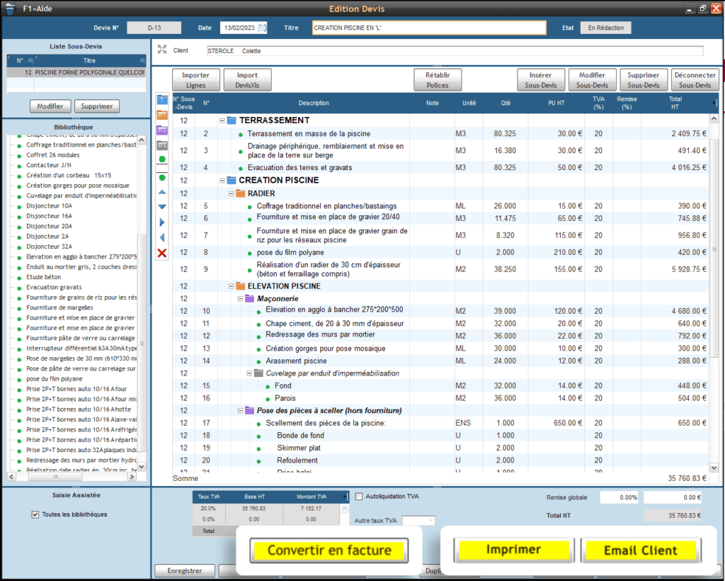 Options finales : Imprimer, Envoyer par e-mail ou Convertir en facture pour finaliser votre devis de construction