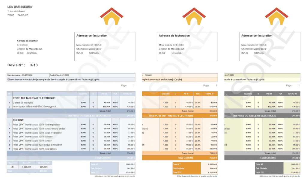 Exemples de factures personnalisées dans EcoDevBTP