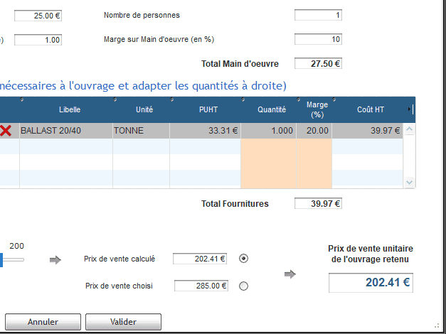 Tableau de ventilation des coûts main-d’œuvre et fournitures dans le logiciel de chiffrage eDevoo